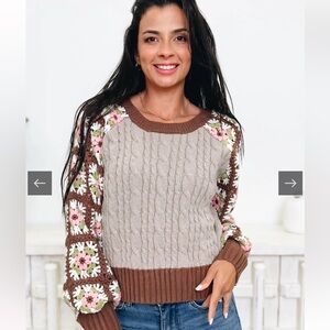 DAVI & DANI Brown and Beige Cable Knit Crochet-Sleeve Sweater